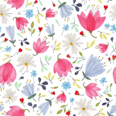 Foto op Plexiglas Aquarel prints Mooi patroon in kleine abstracte bloem. Kleine kleurrijke bloemen. Witte achtergrond. Kleine schattige eenvoudige lentebloemen.