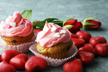 Delicious cupcake for Valentine Day. cake for Valentines day with chocolate and strawberries. Traditional homemade with red roses