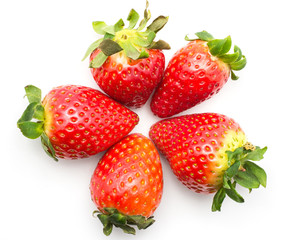 Five garden strawberries put together like a flower isolated on white background.