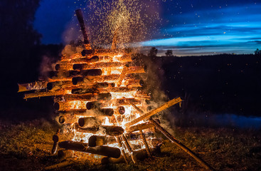 Burning logs in orange red bonfire at night