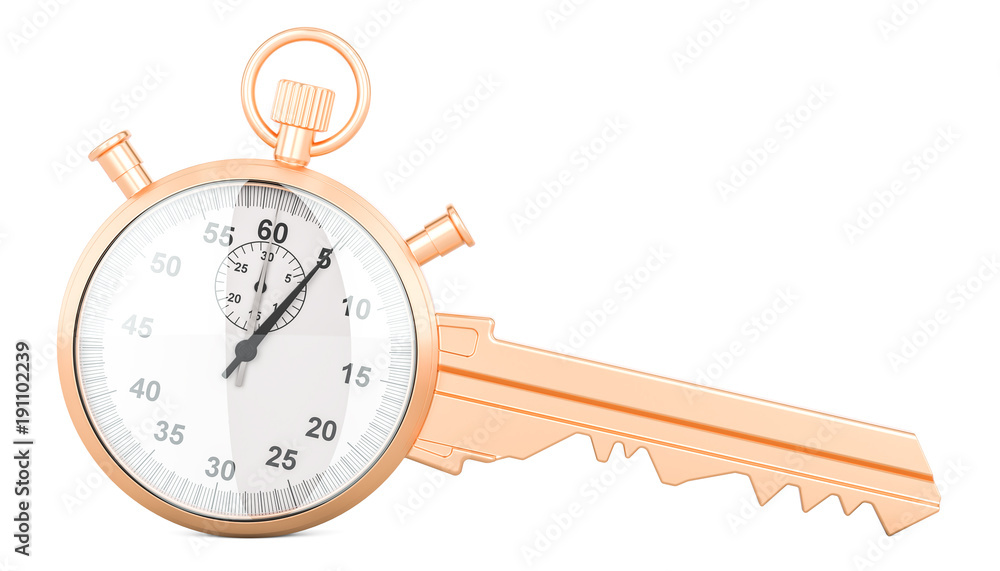 Poster stopwatch with key. time management concept, 3d rendering