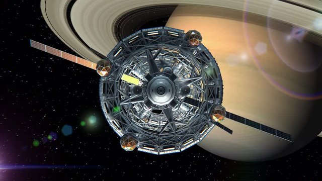 Flight through the door of the sci-fi spaceship on background of Saturn, green screen, 3d animation. Texture of the planet was created in the graphic editor without photos and other images.