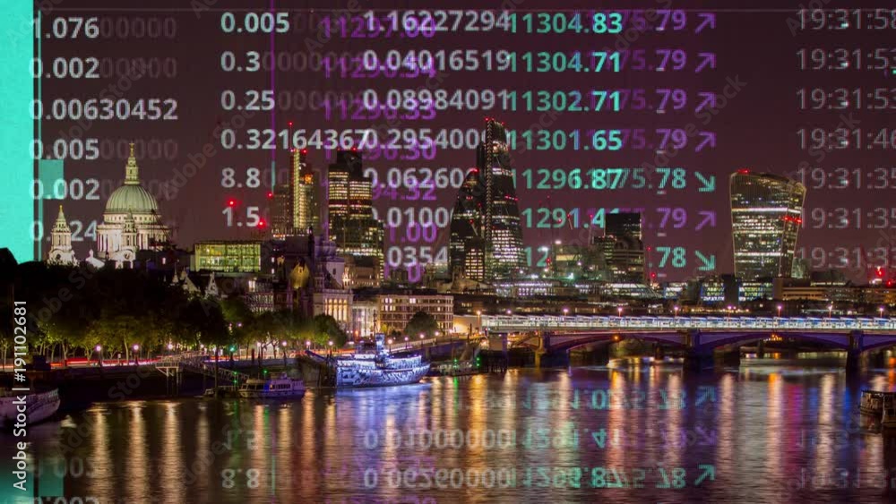Poster amazing london city timelapse at night with data and computer programming information in the sky and