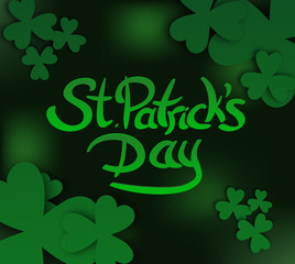 Saint Patrick's Day hand drawn lettering with clovers on mesh green background
