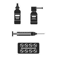Set silhouette icon medical pharmacy bottle, vail, pills and syringe