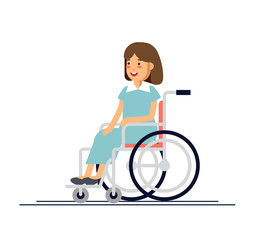 Cute disabled girl kid sitting in a wheelchair. Handicapped person. Flat style cartoon vector illustration.