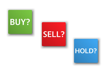 Stock market options, three business variants, buy, sell, hold, sales trade buttons isolated on white background