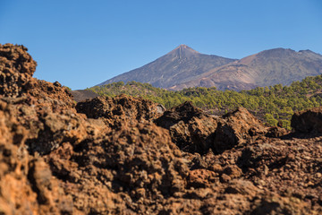 Teide National Park, Tenerife, Canary Islands - A picturesque view of the colourful Teide volcano, or in spanish 'Pico del Teide'. The tallest peak in Spain with an elevation of 3718 m