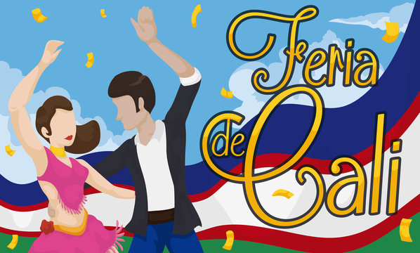 Salsa Dancer Celebrating the Colombian Fair of Cali with Confetti, Vector Illustration