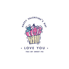 Happy Valentines day typography greetings. Love quotes. Sketch linear style illustration for Valentines day with love staff. Colorful icon.