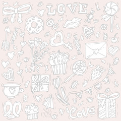 Happy Valentines day greeting background. Love icon. Sketch linear style illustration for Valentines day with love staff. Light pink color.