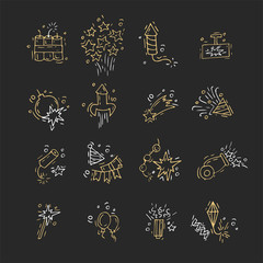 Hand draw firework icon set with petard, stars and pyrotechnics. Festival and event, celebrate and party. Vector illustration.