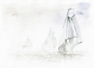 yachting regatta sails on the sea, through the silence and fog. Watercolor. - 191105220