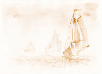yachting regatta sails on the sea, through the silence and fog. Watercolor. - 191105276