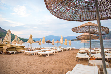 Sun loungers on a beach in Turkey