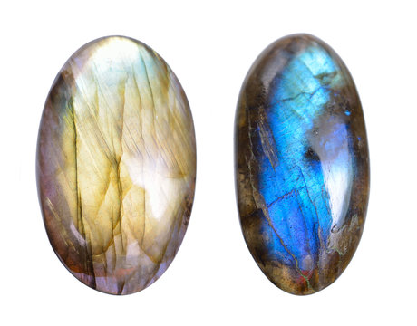 Two Polished blue labradorite Caboshons. Isolated on white background