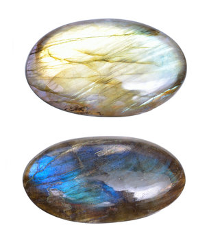 Two Polished blue labradorite Caboshons. Isolated on white background