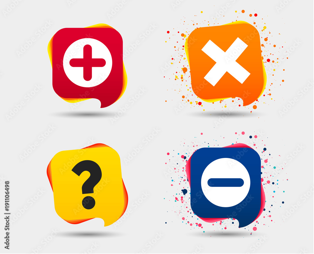 Poster plus and minus icons. delete and question faq mark signs. enlarge zoom symbol. speech bubbles or cha