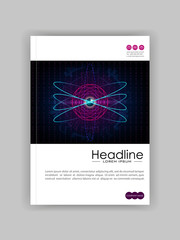 Cover template web banner with HUD atom futuristic metallic core and electrons. Numbers, lines. Good for report, flyer, book, journal, magazine. Vector.