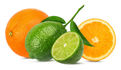 Fresh lime and orange isolated on white background with clipping path