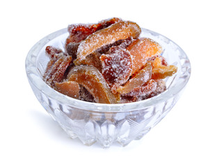 Natural Homemade Fruit Succade in glass dish. Isolated on white background