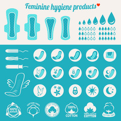 Feminine hygiene products blue color (pads and tampons icon set)