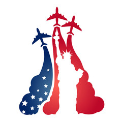 Logo as a tourist flying aircraft, with a silhouette of the Statue of Liberty and the symbolism of the American flag. Symbols and air travel in America