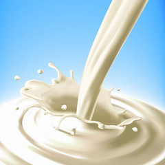 Realistic splash pouring milk on a blue background close-up. Vector elements