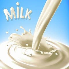 Realistic splash pouring milk on a blue background close-up with text. Vector elements