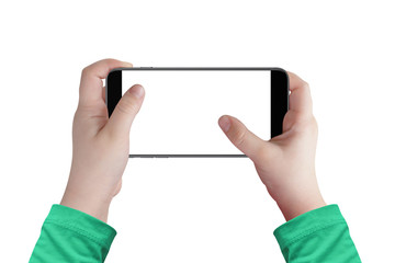 Boy hands holding smartphone in horizontal position with isolated white screen for mockup. Surfing online, playing games, watching video online...