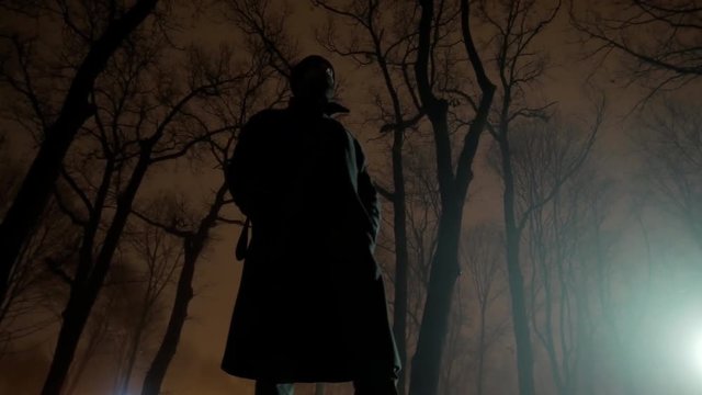 4k Silhouette of middle age bearded  brutal man with baclkight in night dark park lowlight wide low angle shot