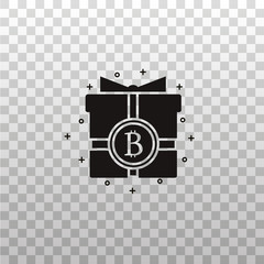Bit coin logotype on the giftbox black silhouette. Bitcoin present monochrome symbol. Virtual and digital cryptocurrency vector concept for bonuses and promo events.