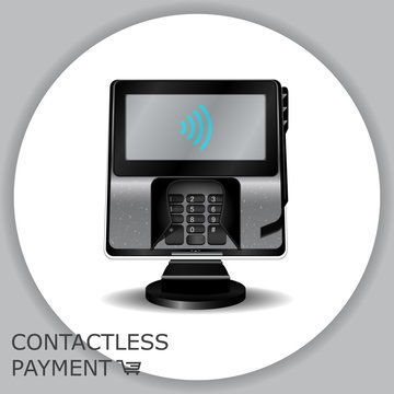 Contactless payment transaction terminal with display and pinpad. Wireless payment. POS terminal, MSR, EMV, NFC. 