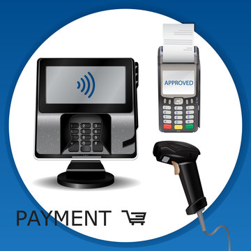 Contactless payment transaction terminal with display and pinpad. Wireless payment. POS terminal, MSR, EMV, NFC, and laser barcode scanner.  