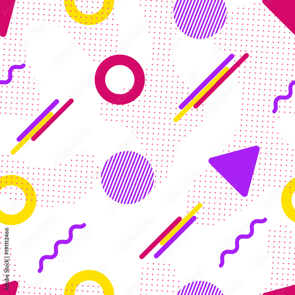 Poster memphis vector seamless pattern. colorful geometric shapes in modern style. hipster background. tren