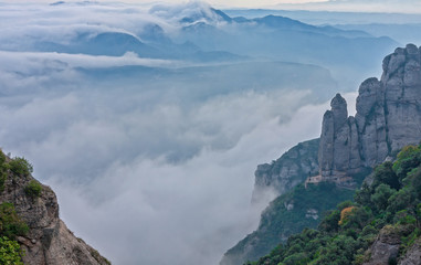 Montserrat hill between clouds near Barcelona in Spain