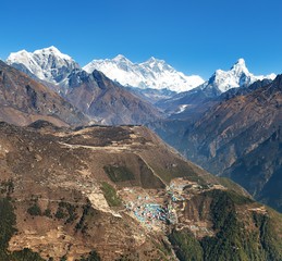 Everest, Lhotse, Ama Dablam and Namche Bazar from Kongde