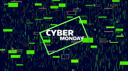 Cyber monday sale banner. Electronic digital Glitch or noise. Geometric chaos motion. Friday sale