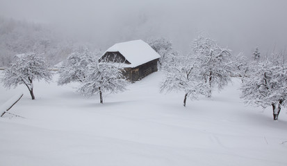 winter in the mountains - small Romanian village in the Carpathians covered with snow