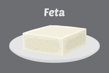 Vector feta cheese on plate. Slice, chunk on porcelain tray. Cartoon flat style