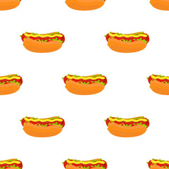 Vector hot dog seamless pattern. Frankfurter fast food. Cartoon flat style