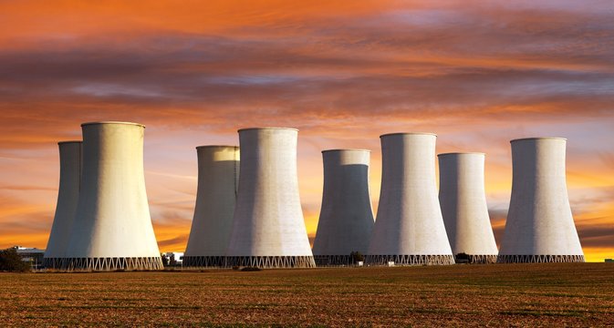Evening colored sunset view of Nuclear power plant