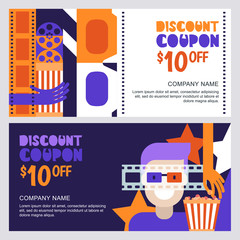 Vector cinema discount coupon or voucher template. Design elements for movie flyer, entrance ticket or banner. Man in 3d glasses and popcorn illustration. Entertainment concept.