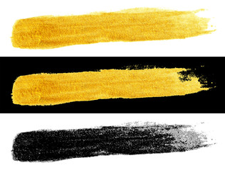 illustration set of hand drawn gold and black colors paint smear stain isolated on white and black...
