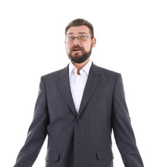 Portrait of surprised man in suit on white background