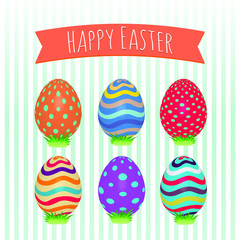 Easter eggs set. Colorful holiday patterns. Realistic Easter eggs. 3D. Vector background. Spring holiday ornament.Decorative collection on artistic background. Vintage vector design illustration.