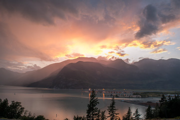 Sunset over mountains behind bay