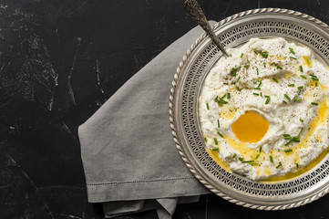 Close-up of Irish champ served in an antique silver bowl