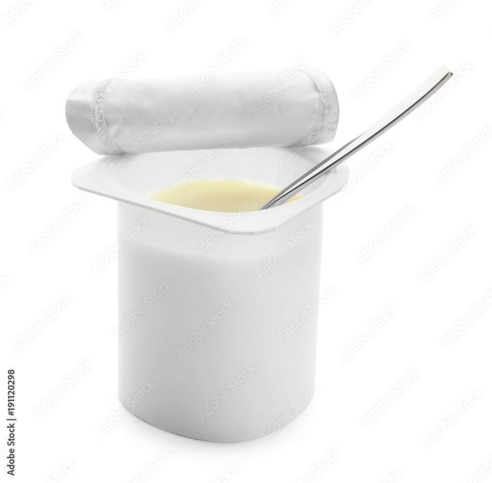 Sticker Plastic cup with yogurt on white background