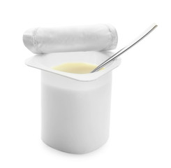 Plastic cup with yogurt on white background